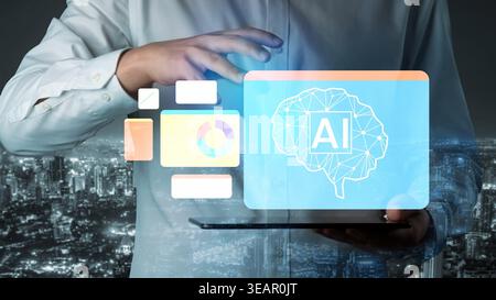 Business professional using digital tablet with artificial intelligence interface on city skyline background showcasing modern technology and Stock Photo