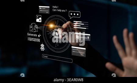A hand interacts with a futuristic AI interface showcasing digital elements like chat options and visualization to enhance customer engagement and Stock Photo