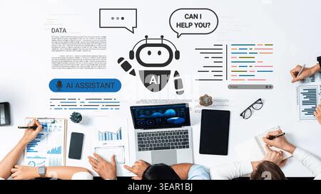 Collaborative workspace with AI assistant concept featuring diverse hands and digital interfaces displaying data analysis and friendly chatbot Stock Photo