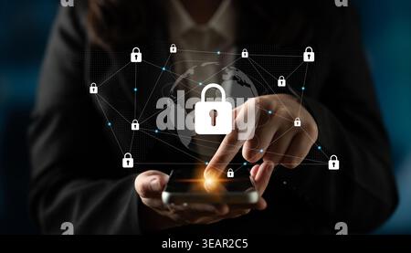 A business professional interacts with a smartphone, highlighting security features and connectivity through visual icons in a modern digital Stock Photo