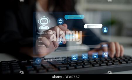 Modern AI chatbot service dashboard featuring 24 7 automated AI support, voice recognition, and omnichannel NLP AI communication. Customer experience Stock Photo