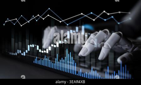 A robotic hand interacts with dynamic financial data on a virtual interface, showcasing the intersection of technology, automation, and analytics in Stock Photo