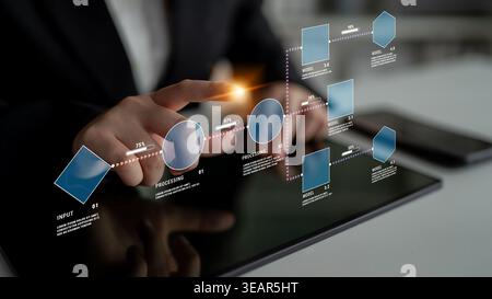 Person Interacting with Digital Graphical Interface on Tablet in Modern Office Environment Showcasing Workflow Process and Data Visualization Quark. Stock Photo