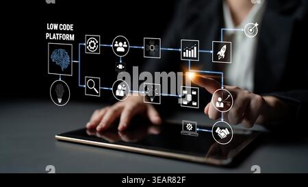 Low Code Platform Concept with Digital Icons Representing Workflow, Innovation, and Automation in Business Environment for Efficient Development Stock Photo