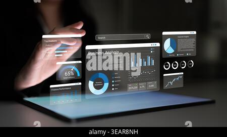 Explore a futuristic view of business analysis featuring a digital interface with advanced data visualization tools in a modern workspace for enhanced Stock Photo