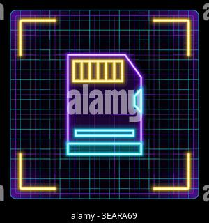 SD memory card icon, digital storage data device symbol. Cyber neon futuristic icon collection, editable strokes in graphic style. Stock Vector