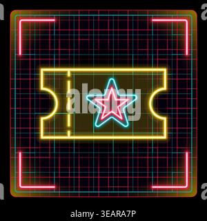 Ticket illustration with a neon star, for award, prize, event concept. Glowing neon icon with border grid vector, editable strokes graphic style. Stock Vector