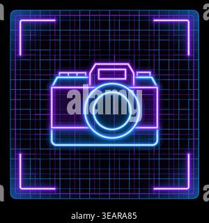 Photo camera icon, photography. Glowing neon icon with border grid vector, editable strokes graphic style. Stock Vector