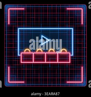 Movie theater icon, cinema screen and theater seating. Cyber neon futuristic icon collection, editable strokes in graphic style. Stock Vector