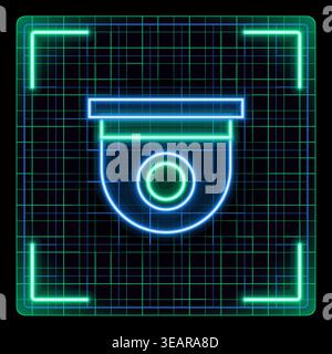 Security camera device icon illustration. Glowing neon icon with border grid vector, editable strokes graphic style. Stock Vector