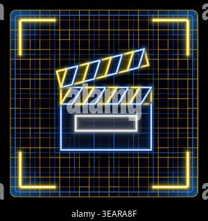 Clapperboard icon. Glowing neon icon with border grid vector, editable strokes graphic style. Stock Vector