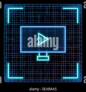 Video play button on monitor screen. Cyber neon futuristic icon collection, editable strokes in graphic style. Stock Vector