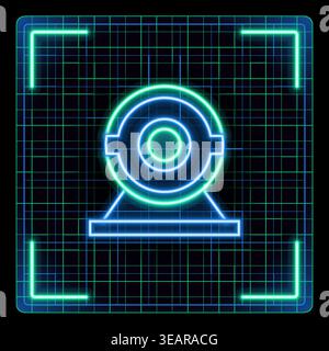 Web camera icon, desktop webcam device, digital calls. Glowing neon icon with border grid vector, editable strokes graphic style. Stock Vector