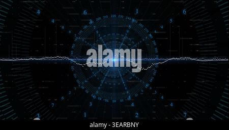 Displaying bright blue node and centered dotted waveform pulsing in VR HUD with concentric rings. Holographic, grid, radar, interface, futuristic, dat Stock Photo