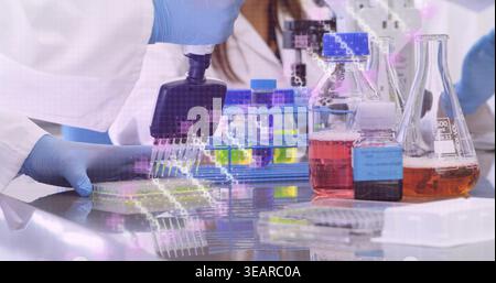 Pipetting gloved hand using multichannel pipette at bench, with 96-well plate and white lab coats. Science, researcher, equipment, reagents, workflow, Stock Photo
