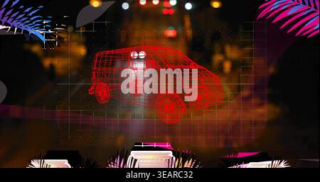 Floating red wireframe SUV-like car glowing above faint grid on nighttime street, tropical leaves. Neon, holographic, cyberpunk, urban, futuristic, 3d Stock Photo