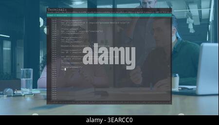 Displaying terminal window overlaying table in office, colleagues in blazers reviewing laptop. Code, screen, overlay, collaboration, meeting, conferen Stock Photo