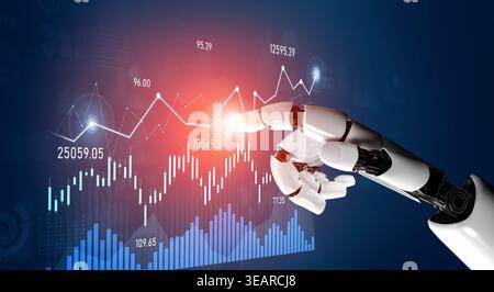 A robotic hand engages with digital financial graphs, symbolizing the integration of technology in finance. This image represents modern analytics and Stock Photo