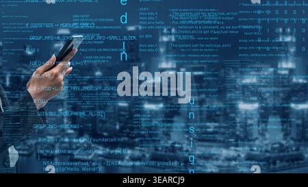 A business professional interacts with a smartphone in an urban environment, illustrated with code and data overlays, showcasing modern technology and Stock Photo