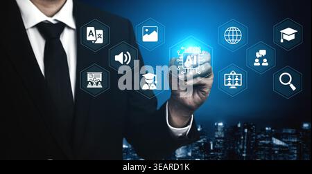 A businessman in a suit interacts with digital icons showcasing artificial intelligence and technology in a modern city at night, symbolizing Stock Photo
