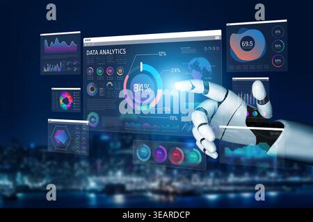Futuristic Robotic Hand Interacting with Data Analytics Dashboard Displaying Graphs, Charts, and Insights in a Modern Tech Environment Sigmoid Stock Photo