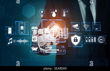 Businessman Interacting with Smart Home Technology and Digital Icons Representing Innovation and Connectivity for Modern Living Quark. Stock Photo
