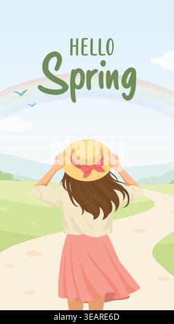 Hello Spring Landscape Illustration with Girl in Hat, Green Meadow and Blossoming Trees. Seasonal Nature Vertical Background for Greeting Card, Poster Stock Vector