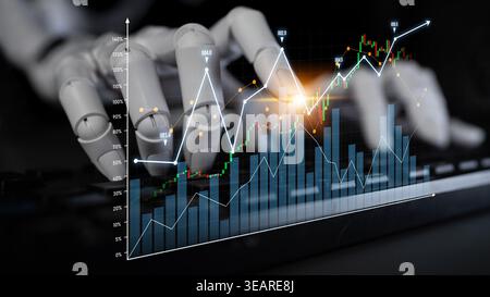 A robotic hand interacts with a keyboard, analyzing stock market graphs and charts. This image showcases the integration of AI in finance and trading Stock Photo
