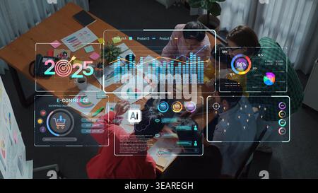 A diverse team collaborates on an e-commerce strategy using advanced data analytics and interactive dashboard visuals, focusing on future growth for Stock Photo