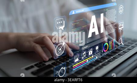 Modern Business Concept with AI Integration and Digital User Interface Displayed on Laptop, Showcasing Technology and Innovation in Work Environment Stock Photo
