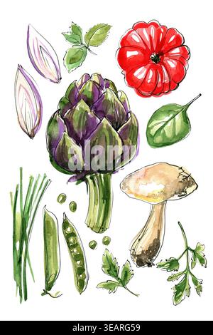 Artichoke, mushroom, tomato, greens, onions, peas, spinach, parsley. Vegetables painted in watercolor on a white background. Colorful sketch of food. Stock Photo
