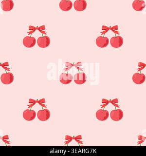 Seamless Cherry Pattern with Red Bow, Vector Illustration. Cute Fruit Repeat Background on Pink. Summer Wallpaper. Girly Nursery Print. Red and Pink Stock Vector