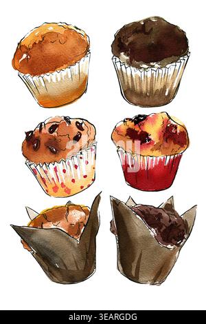 Watercolor muffins on a white background. Sketch food. Stock Photo