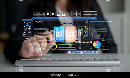 Modern User Interface and Experience Design Tools with Interactive Elements and Visual Data Representation for Digital Projects Fluxor. Stock Photo