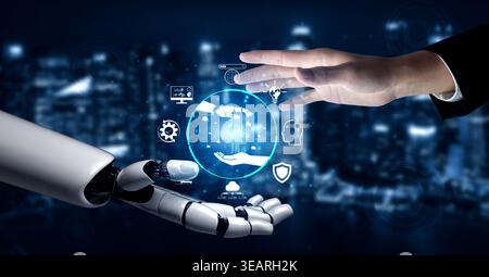 Futuristic Collaboration Between Human Hand and Robotic Arm with Global Connectivity Icons Against a Cityscape Background Fluxor. Stock Photo