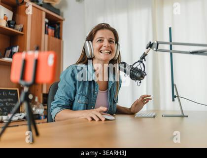 recording, podcast, influencerin Stock Photo