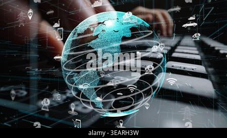 A captivating digital representation of a globe surrounded by virtual symbols, showcasing connectivity and technology themes related to computers and Stock Photo