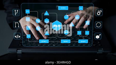 Hands Typing on Keyboard with Flowchart and Digital Interface Elements Representing Data Management and Programming Concepts in Modern Workspace Quark Stock Photo