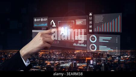 Artificial intelligence improves industrial automation, optimizing data analytics, precision robotics, and smart factory operations to enhance Stock Photo