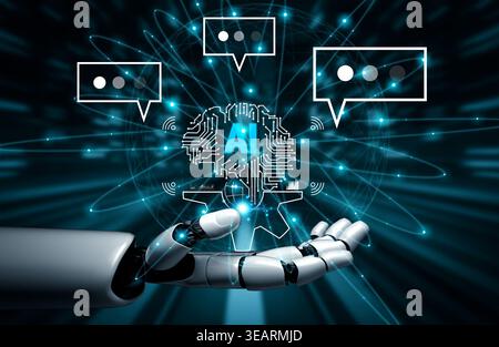 Futuristic Robot Hand Displaying Artificial Intelligence Concept with Communication Bubbles and Digital Brain Design Quark. Stock Photo