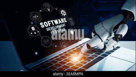 Robotic hand interacting with laptop displaying software development life cycle concepts and graphics in a futuristic tech environment Quark. Stock Photo
