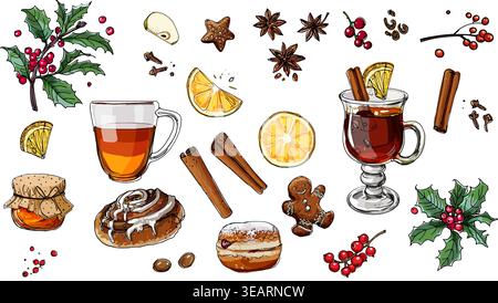 Winter drinks skeleton meal on a white background. Christmas food, mulled wine, buns, holly. Drink and sweets. Cup of coffee top view, bun, plate. Stock Vector