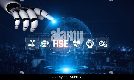Futuristic Robot Hand Interacting with Holographic Globe Showcasing Health, Safety, and Environment Icons in Urban Nightscape Sigmoid Stock Photo