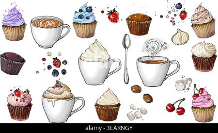 Coffee cup line drawing on a white background. Drink and sweets. Vector image of breakfast. Cup of coffee top view, bun, plate, napkin. Stock Vector
