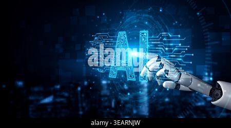 Futuristic robotic hand pointing towards illuminated letters representing artificial intelligence in a digital environment with blue tones Sigmoid Stock Photo