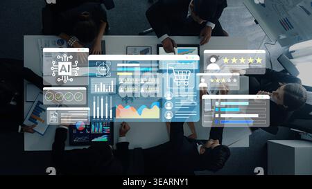 A diverse business team engages in a collaborative meeting, utilizing advanced technology and data analytics tools to drive strategic decisions in a Stock Photo