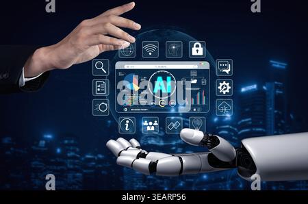 Futuristic Interaction Between Human Hand and Robotic Arm with AI Interface Displaying Data and Analytics Concepts Against Dark Urban Background Quark Stock Photo
