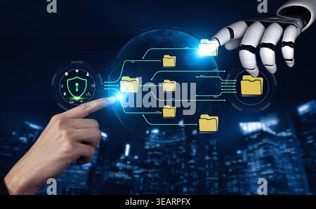 Advanced Technology Concept with Robot Hand Interacting with Digital Files and Security Icons Over a Futuristic City Background Fluxor. Stock Photo