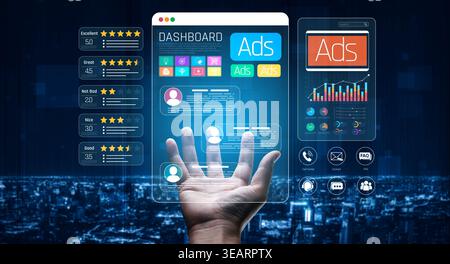 Interactive Digital Dashboard Interface Displaying Advertising Data and Analytics with Hand Gesture Overlay on City Background Sigmoid Stock Photo