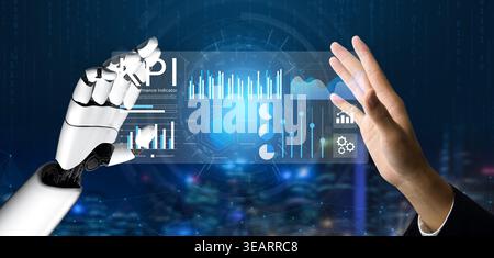 A captivating image showcasing the interaction between a robotic hand and a human hand, displaying a digital interface filled with analytics and data Stock Photo